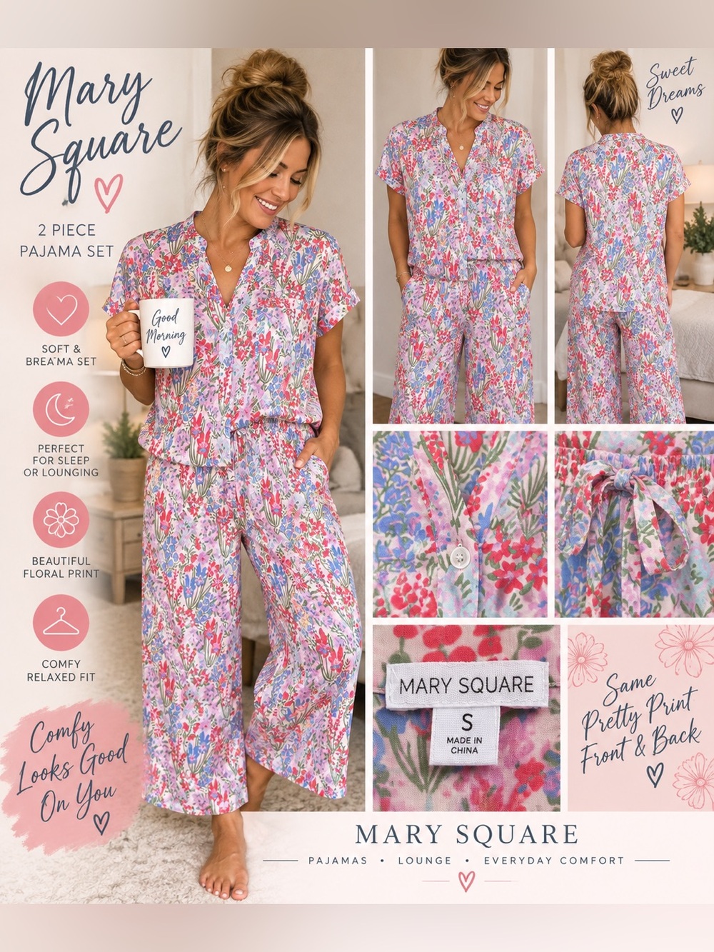 Mary Square Floral Pajama Set Size Small Button Up Top & Capri Pants